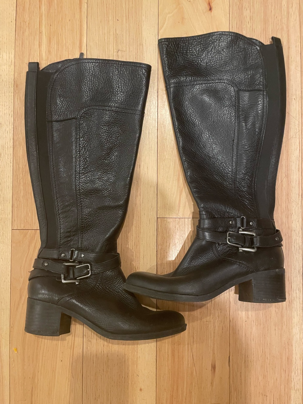 Marc Fisher Black Leather Knee-High Buckle Heeled Boots